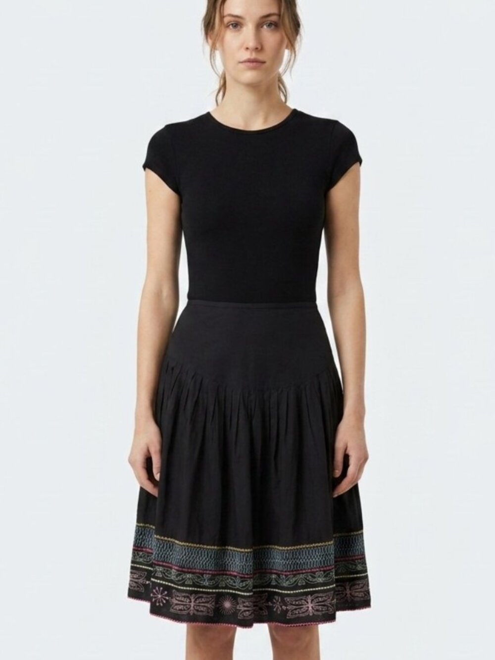 Peruvian Connection Embroidered Pima Cotton Midi Skirt Size 6 Black Pleated
